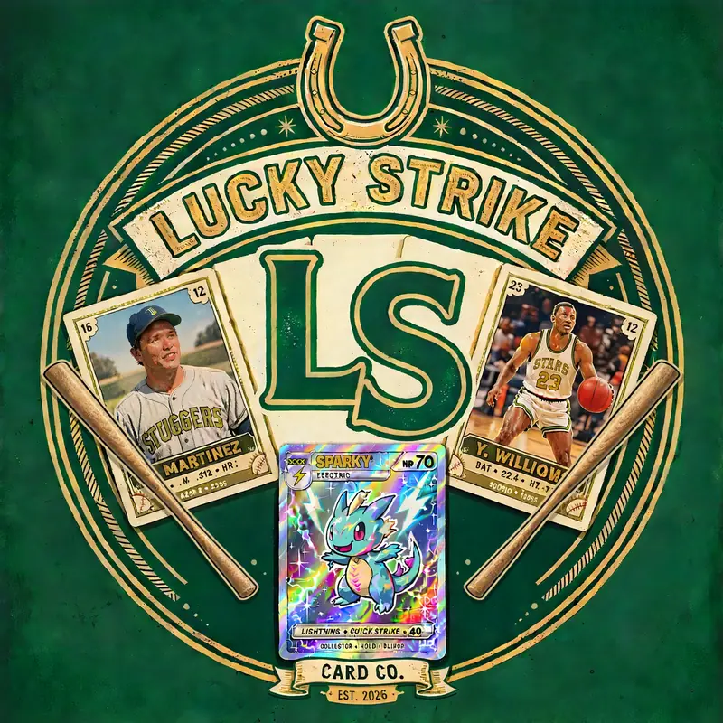 Lucky Strike Card Co. logo — vintage green and gold badge with horseshoe, LS monogram, baseball and basketball cards, holographic card, and bats at 45 degrees