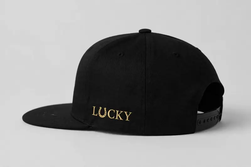 Black snapback with LUCKY and horseshoe U