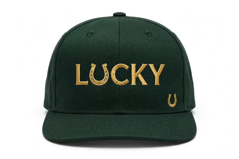 Forest green snapback with LUCKY and corner horseshoe