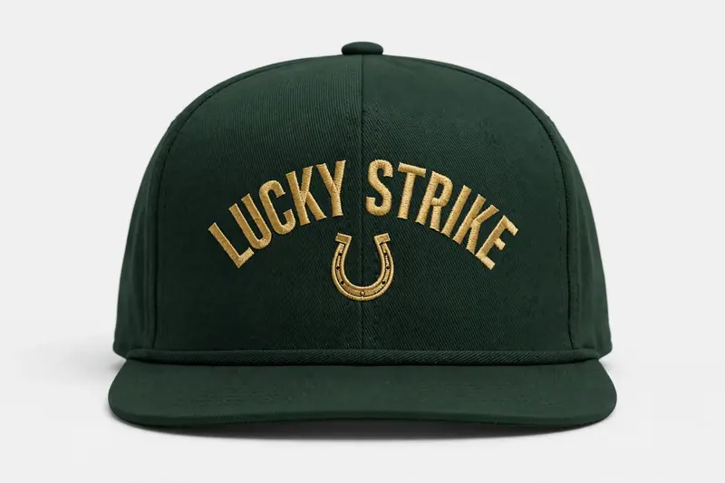 Forest green snapback with Lucky Strike arched text