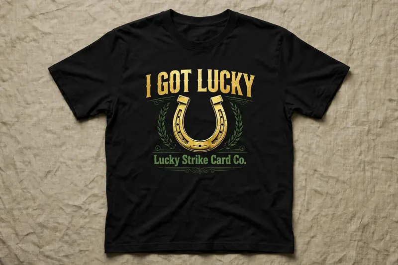 Black tee with gold I Got Lucky text and horseshoe