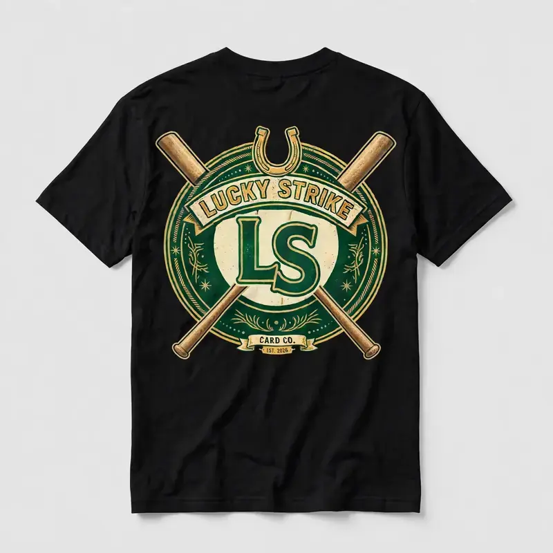 Black Lucky Strike t-shirt, back view — large green and gold Lucky Strike Card Co. badge with LS monogram, horseshoe and crossed bats