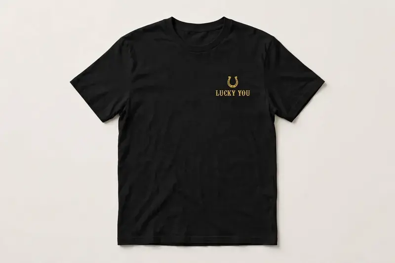 Black Lucky Strike t-shirt, front view — small gold horseshoe and LUCKY YOU text on the left chest